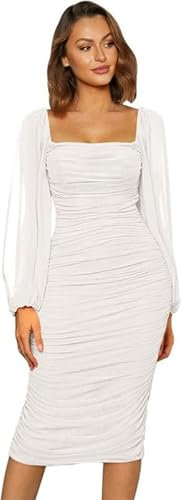 Haibang Robe de Soiree Femme Sexy Robe Moulante en Maille à Manches Longues et Col Carré Mini Robes Courtes Élégante Robe pour Cocktail Party Fête Club Bal Mariage Soirée