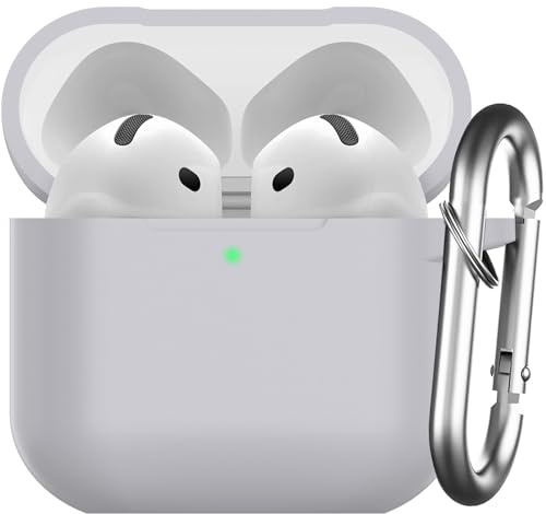 Nemteur für AirPods 4 Hülle 2024, Schützende Silikon Case für AirPods 4th 2024 Skin Front LED Sichtbar Silikon Hülle mit Karabiner, Grau