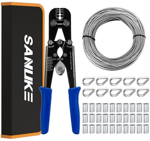 Sanuke Drahtseil-Crimpwerkzeug-Set mit 10,1 m Edelstahlkabel, 7 x 7 Stränge, Kern für ovale Aluminiumhülsen, Doppelhülsen, Crimpschlaufenhülsen von 0,9 cm bis 0,3 cm