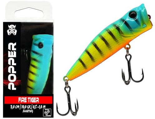 Wild Devil Baits Popper Wobbler Floating Hardbait Oberflächenköder Topwater Schwimmend Kunstköder Raubfisch (Fire Tiger)