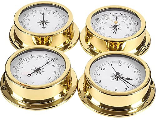EOTRERANQ Traditional Barometer Traditional Weather Station 4Pcs Weather Station Set, 5.7in Portable Marine Wall Hanging Barometer Thermometer Hygrometer Clock Meter Kit, Brass ?Case Boat Accessory ba