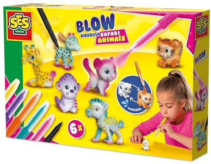 SES Creative Blow Airbrush Pens | Safari Animals | Bastelset | Puste stifte | Auswaschbar aus Kleidung | wiederverwendbar | Made in Holland | für Mädchen Ab 5 Jahren | 5 Farben | Kompletes Set | 14335