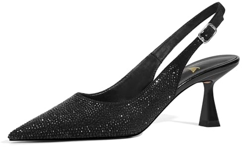 LOCERICH Women's Kitten Heels Slingback Low Heel Dress Shoes Closed Toe Pumps Rhinestone Pointed Toe Sparkly Sling Back Bridal Wedding Party, Black, 5 UK