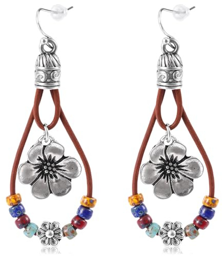 Mikovivi Boho Blumen Ohrringe, Vintage Baumeln Tropfen Handgefertigte Naturstein-Ohrringe Vintage Baumeln Tropfen Dangling Country Konzert Outfits Accessoires für Frauen Geschenk