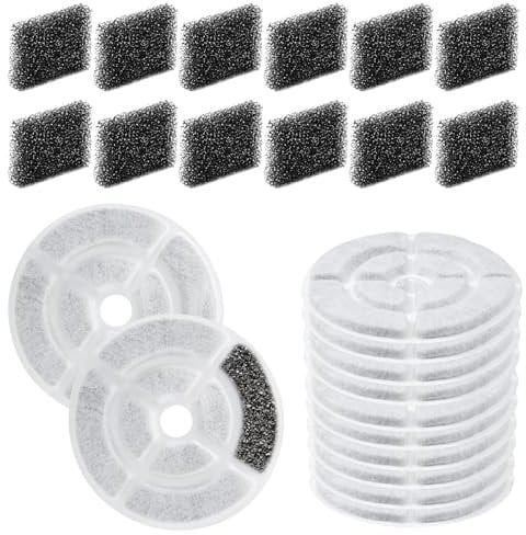Gosknor 12pcs 7 Dog Water Fountain Filter Replacement, Activated Carbon Pet Cat Drinking Dispenser Feeder Filter with Sponge Compatible with SIBAYS & Kastty 9.5L/2.5Gal Dog Water Fountains