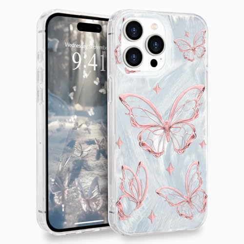 L-FADNUT for iPhone 13 Pro Case Glitter Butterfly for Women, Pink | Sparkly Silver Cute Butterfly Pattern Phone Case for Girls, Trendy Shiny Slim TPU Protective Anti-scratch Aesthetic Cover
