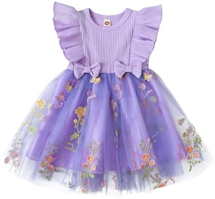 JiAmy Abiti da ragazza in maglia a costine, in tulle con paillettes primaverili, maniche volanti, arcobaleno, Fiore viola, 4-5 Anni