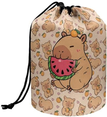 Wnbucioht Cute Capybara Drawstring Makeup Bags for Women Girls Travel Toiletries Bags Watermelon Capybara Toiletry Bucket Bags Round Organizer Storage Pocket Travel Toiletries Cases Organizer