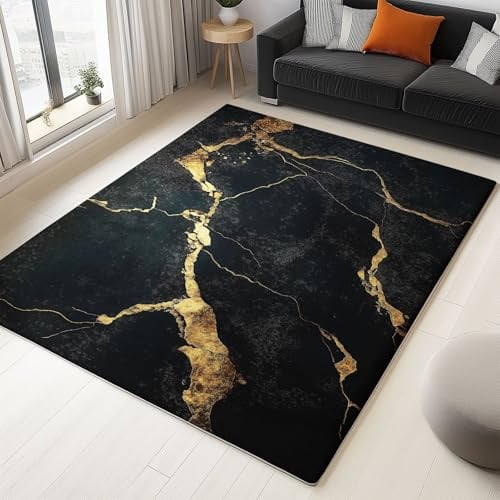Generisch 3D Druck Teppich Marmor Schwarz Gold Textur 180x240cm Moderner Wohnzimmer rutschfest Teppich, für Schlafzimmer Büro Esszimmer Küche, Waschbar und Pflegeleicht
