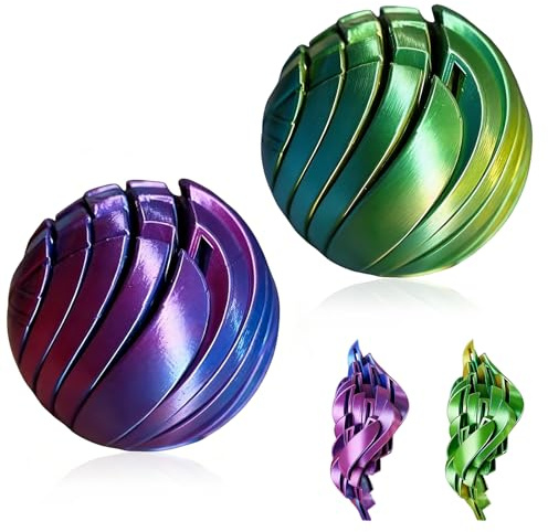 2Pcs 3D Printed Fidget Toy Adults, Gear Ball Whirling Wonder Fidget Toys, Gearsphere Cube Desktop Cool Gadgets Presents Gifts for Teenage Teens Office Desk Men 2.36in(2pcs Green + Purple, 2.36in)