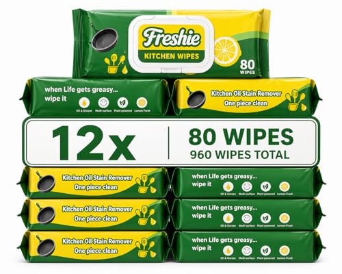 Heavy Duty Cleaning Wipes, Industrial Strength Multi Surface Cleaning Wipes | Compatible with Flash Speed Mop, Surface Wipes for Kitchen, Garage, Workshop, Grease,Oil, Lemon Scent - 960 Count(Pack of 12)