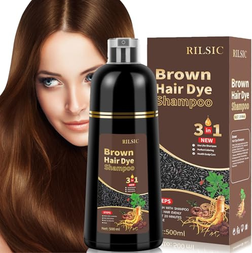 RILSIC Hair Dye Shampoo 3 en 1, Champu Tinte Pelo Cubre Canas, Champú Tinte Canas Instantáneo, Color Shampoo para Teñir Canas Tinte Pelo En Minutos para Mujer Hombre (Marrón Claro)