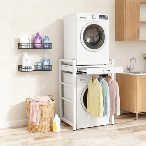 Waschmaschinenregal mit Auszug 75x65x105cm, Höhenverstellbarer Regal für Waschmaschine und Trockne 250kg Tragkraft, Waschmaschinenschrank, Aufbewahrungsorganisator Badezimmer Balkon