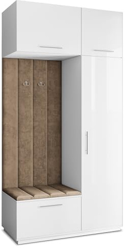 Masseno Flugarderoben Set Rema, Kleiderschrank-Set mit Sitzbank, Garderobenschrank Flur mit 5 Regalböden, Weiß