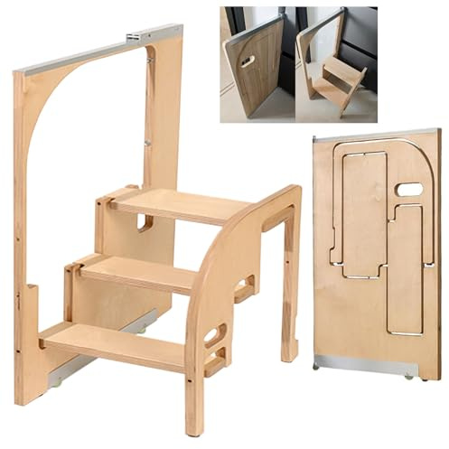 Escalera De Cocina De Madera De Pie Escalón Plegable De Madera Taburete De Cocina Ayudante Escalera Oculta para Adultos, Hogar,3 Step