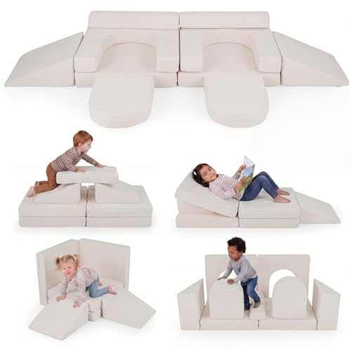 LIFEZEAL Divano Modulare per Bambini, Set di 10 Blocchi di Costruzione in Schiuma con Diverse Forme, Divano da Gioco Convertibile con Fodere Lavabili in Lavatrice per Bmabini 3+ Anni (Beige)