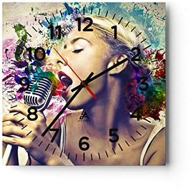 Modern Wanduhr Singen mikrofon Energie 40x40cm Quadrat Groß Wand Uhr Glas Analog Zimmeruhren Küche Büro Wohnzimmer Glasuhr Wall Clock Dekoration Design Wanddekoration Küchenuhr C4AC40x40-2622