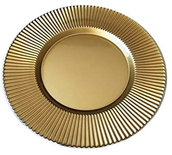 Trimming Shop Decorative Charger Plates for Parties, Ribbed Edge Design Polypropylene for Dinner Table Decoration, Weddings, Birthday, Party, Tableware, Catering Events, 33cm, Shiny Gold, 1pc
