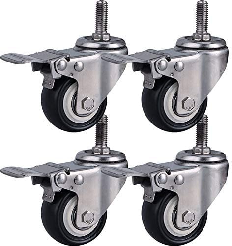 Gewinde M8 / M10 / M12 Lenkrollen für Möbel 1,5/ 2 (50 mm) Edelstahl 304 Halterung Schwerlastrollen 300kg Leise PU mit Bremse kleine Rollen für Tisch Schreibtisch Wagen Kinderbett 4 Stück