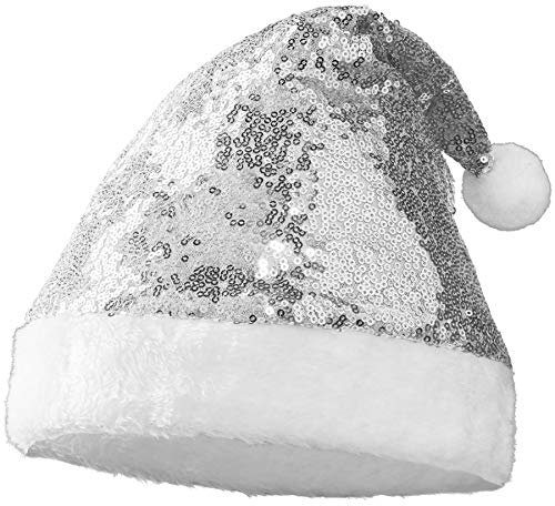 dressforfun 303434 Glitzer Pailletten Weihnachtsmütze, silber, breiter Rand aus weißem Plüsch