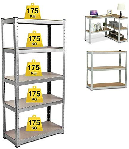Lucn Schwerlastregal Steckregal Lagerregal Werkstattregal Büroregal Akten Ordnerregal, bis 875 kg Traglast, 5 soliden Böden MDF Höhenverstellbar, 200x100x50cm - Verzinkt