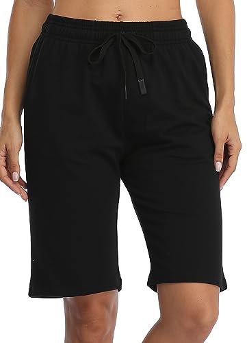 SAFORT Bermuda Shorts Damen Kurze Sporthose Baumwolle Laufshorts Sommer Knielang Pull auf Lounge Walking Übung Shorts mit Taschen, Schwarz, L