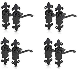 XFORT Black Antique Fleur De Lys Latch Handle Set - Rustic Internal Door Handles With Indoor Furniture Design, 4 Pack