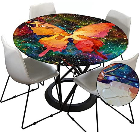 Morbuy Tischdecke Elastisch, Schmetterling Drucken Rund Tischdecken Wasserdicht Lotuseffekt Abwaschbar Abwischbar Tischtuch für Dekoration Küchentisch Garten Outdoor (Durchmesser 200cm,Orange)