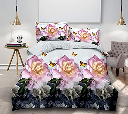 THL 4 Pcs Complete Bedding Set 3D Design Floral Printed Duvet Cover with Fitted Sheet Pillowcases (Flower Butterfly 362, Super King)