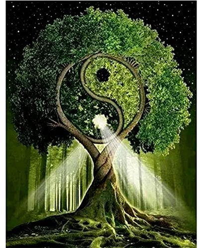 DIY 5D Diamant Malerei Set Voll Strass Diamond Painting Rundbohrer Grüner Yin Yang Baum 20x28in Diamant Gemälde Erwachsene Stickerei Kreuzstich Bilder Diamant Painting Wanddekor Kunsthandwerk 50x70cm