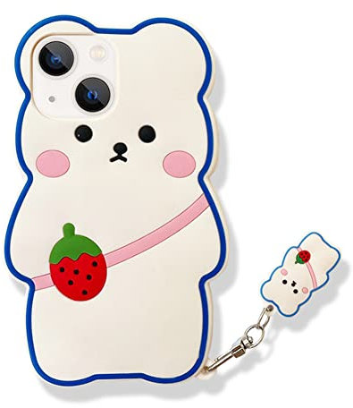 Yatchen Kawaii Phone Cases Apply to iPhone 11 Pro,Cute Cartoon Bear Phone Case with Keychain Strawberry Bear Phone Case 3D iPhone 11 Pro Case Soft Silicone Shockproof Cover for Women Girls