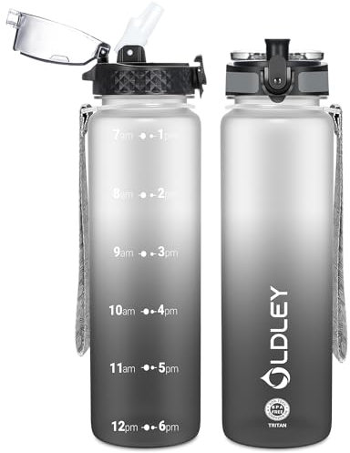 OLDLEY 1L/32oz Sports Water Bottle with 2 Different Lids, 1000ml Motivational Drinks Bottle with Time Markings Leak Proof Drink & Lock Cover, BPA Free for Gym School Cycling Running Hiking
