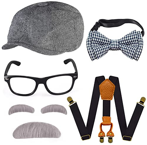 Yewong 1920s Kids Old Man 100 days of School Grandpa Costume Accessories Set with Newsboy Hat Suspenders Kit