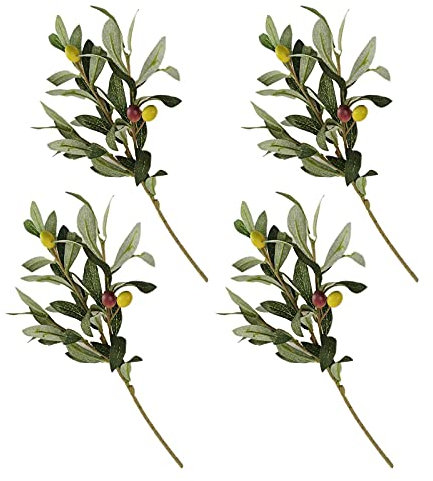 MEUMITY Lot de 4 branches d'olivier artificielles de 36 cm avec fruits, fausses branches d'olivier vertes pour décoration d'intérieur, 36 cm