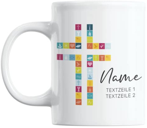Tasse zur Kommunion/Konfirmation/Firmung mit Aufdruck des Namens und Wunschtext für Mädchen und Junge (Kreuz Bunt/weiße Tasse)