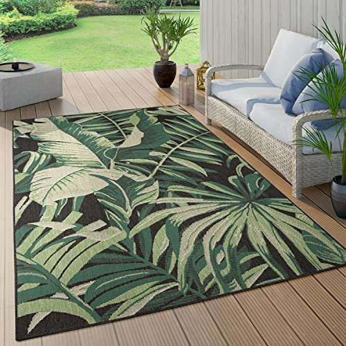 Paco Home Outdoor Teppich Wetterfest Flur Balkon Palmen Dschungel Florales Boho Muster Grün, Grösse:200 cm Quadrat, Farbe:Schwarz 5