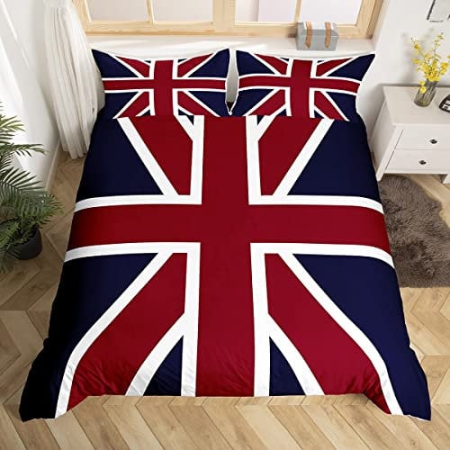 Union Jack Flag Duvet Cover British Flag Bedding Set for Kids Boys Girls Teens Room Red Whit Blue Comforter Cover Set Stripe Bedspread Cover 3Pcs Zipper Super King Size
