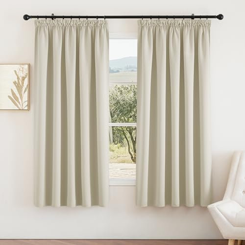 PONY DANCE Window Blackout Sheet Curtains 72 inch Drop - Nursery Curtain Pencil Pleat Thermal Insulated Panels for Baby/Girls, 2 Panels, W66 X L72, Light Beige