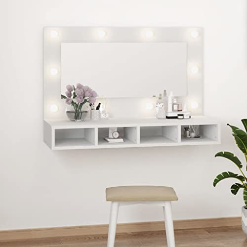 Armoire à Miroir LED Homise Blanc 90x31,5x62 CM 4 Compartiments - Meuble de Toilette Mural Lumineux pour Salle de Bain