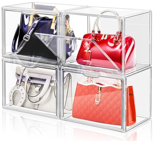 LINYAPRY 4 Packs Clear Plastic Handbag Storage, Acrylic Display Case for Purse and Handbag, Stackable Storage Boxes Bag Organizer with Magnetic Door for Clutch Wallet Toys