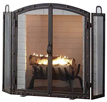 CAZARU Fireplace Screens 3-Panel Solid Fireplace Screen with 2 Doors Metal mesh fire screen