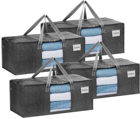 VENO Large Heavy-Duty Moving Bags with Window, Organizer Foldable Storage Box, College Dorm Clothes Collapsible Bins, Reusable Packing Supplies Under Bed Storage Tote Bag (Dark Gray, 4 Pack)