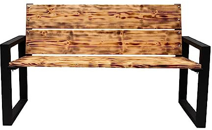 QLS Gartenbank Sitzbank Parkbank Gartenmöbel 2-Sitzer Holz Metall Gartenmöbel geölt 120 cm (Geflammt)