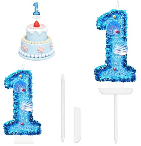 Geburtstag Nummer Kerzen, Glitzer Zahlenkerze Blau Geburtstagskerzen Zahlen, Geburtstagskuchen Kerzen mit Pailletten und Muschel für torte Geburtstag Jubiläum Meerjungfrauen-Mottoparty (Nummer 1)