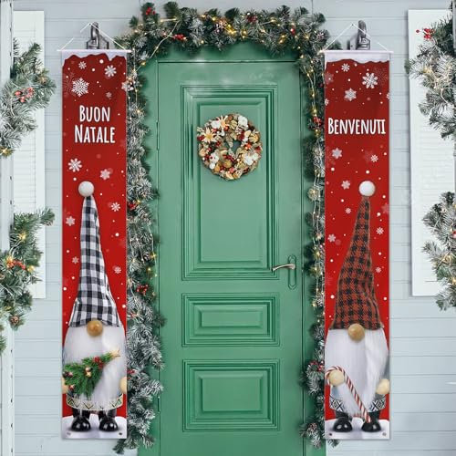 2Pz Banner per Porta di Natale Striscioni Natalizi Segno del Portico di Natale Banner Distico di Natale Decorazioni Natalizie Porta Ingresso Casa Benvenuti Buon Natale Gnomi