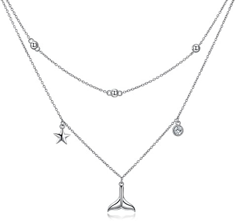 HUKKUN Pferd/Kreuz/Lebensbaum/Libelle/Herz/Erdbeer/Gänseblümchen Doppelkette Layering Mehrreihige Kette Damen 925 Sterling Silber Geschichtete Halsketten Schmuck Geschenke für Damen