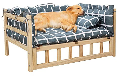 Hundebett Grau Kariertes Hochbett für Hunde mit Matratze ＆ Kissen, Große Orthopädische Relief-Haustiercouch aus Holz mit Zaun, für Zuhause, Outdoor, Hof (Color : Style1, Size : XL112x64x38cm/44x25x1