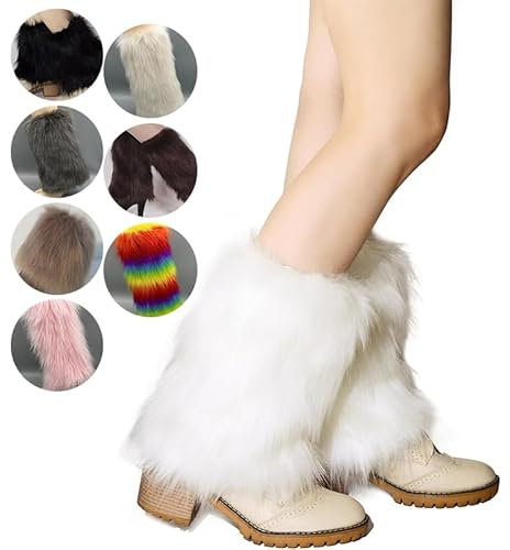 Constprog Fluffy Leg Warmers for Women Plush Faux Fur Leg Warmers Cuffs Boot Sleeves Goth Boot Covers Punk Jk Hiphop Hotgirl Fashion Warm Sock (Rainbow)