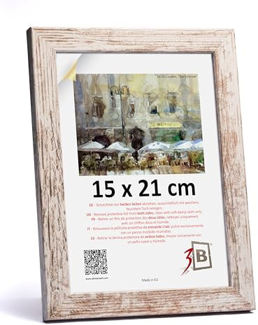 3-B Cadre de l'image HIT - Blanc rustique (blanc vieilli optiquement avec grain de bois visible) - 15x21 cm (A5) - cadre photo en bois avec verre acrylique