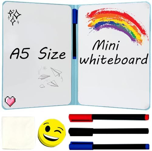 Klein Whiteboard: A5 24 x 16.5cm Tragbar White board mit Ständer Kinder Whiteboard Notizbuch Tafel Abwischbar Whiteboard mit 3 Whiteboard Stifte 1 Whiteboard Schwamm und 1 Whiteboard Tuch (Blau)